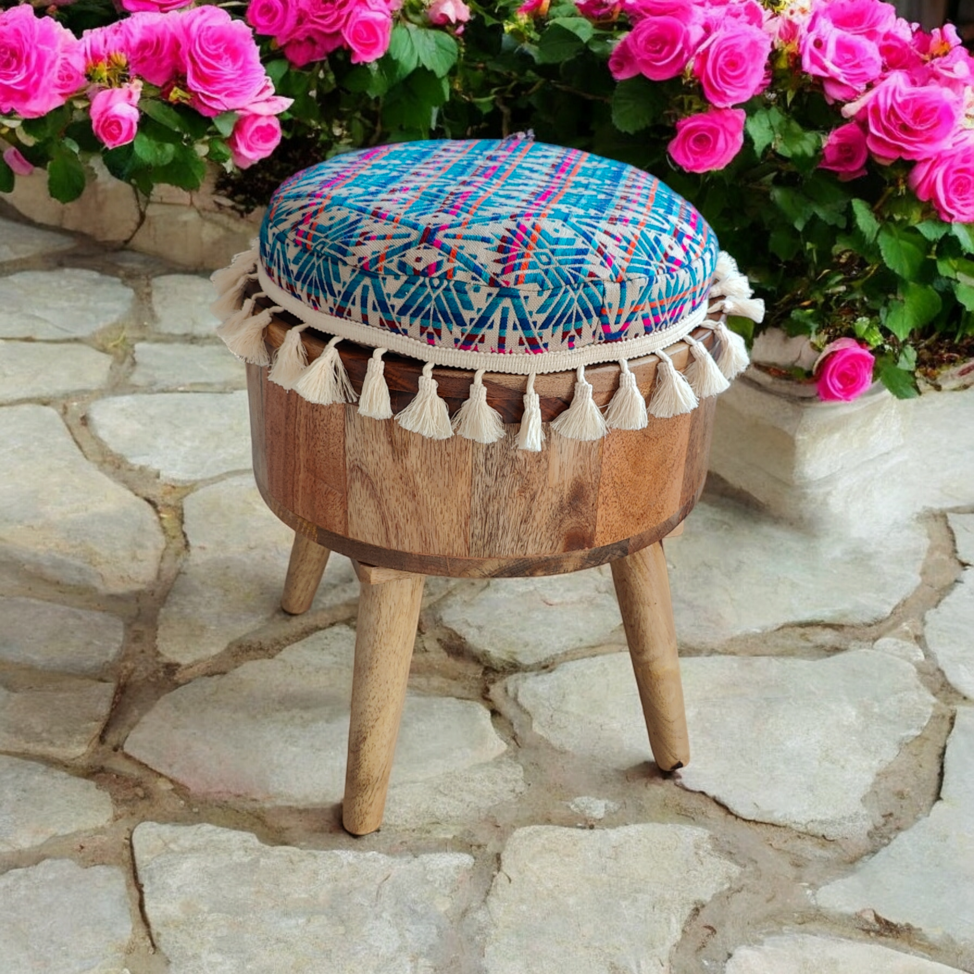 Solid Wood Pouf Chair - Handmade Ottoman Stool - Rosewood Cushioned Pouffe, Patio Stool, Option for Buckwheat Cushion or Cotton Cushion