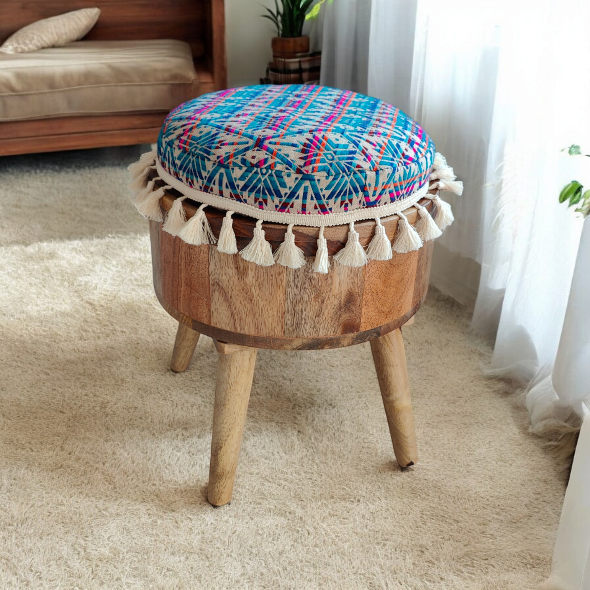 Solid Wood Pouf Chair - Handmade Ottoman Stool - Rosewood Cushioned Pouffe, Patio Stool, Option for Buckwheat Cushion or Cotton Cushion