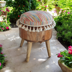 Solid Wood Pouf Chair - Handmade Ottoman Stool - Rosewood Cushioned Pouffe, Patio Stool, Option for Buckwheat Cushion or Cotton Cushion