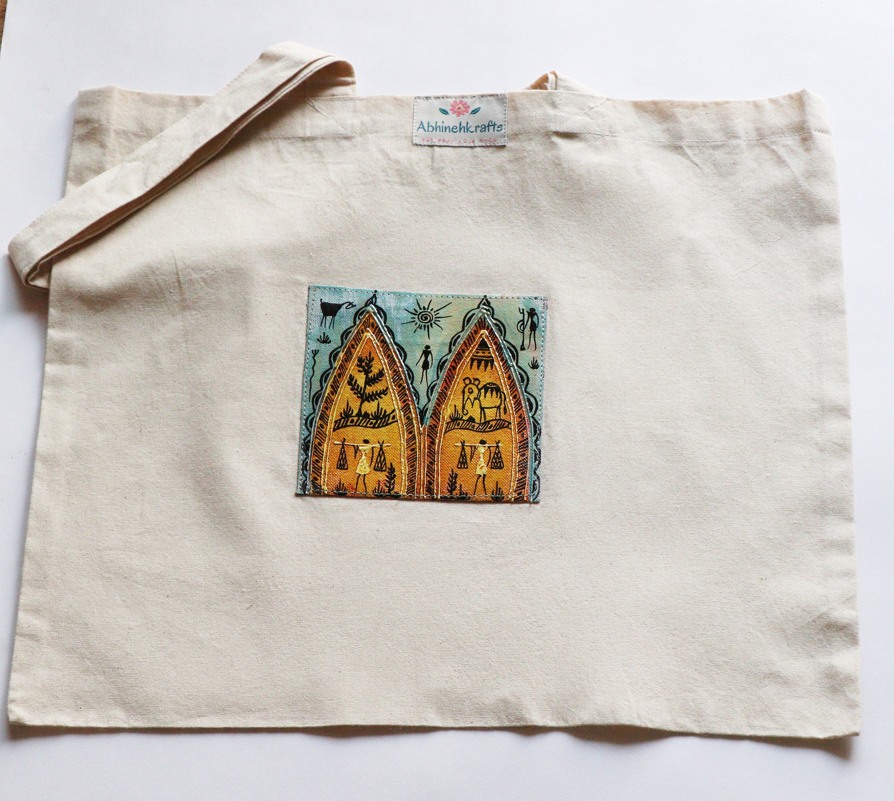 Organic Cotton Tote Bag with Handmade Tribal Art/ Folk Art - YogaKargha