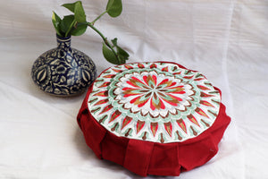 Embroidered Round Zafu Yoga Pillow |Zipped Cover |Washable| Portable - Size Medium - Mandala - Red Rose - Filling Options - Pre-Orders